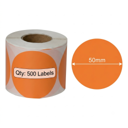 50mm orange round Polypropylene (water proof, tear proof and oil proof) thermal labels 500/roll
